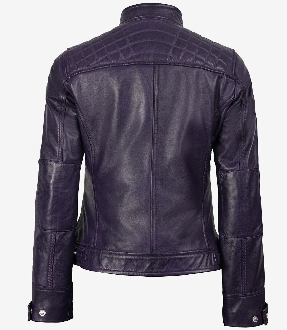 Johnson Women's Purple Quilted Cafe Racer Leather Jacket Johnson Women's Purple Quilted Cafe Racer Leather Jacket product image