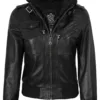 Edinburgh Women's Bomber Black Leather Jacket with Removable Hood Edinburgh Women's Bomber Black Leather Jacket with Removable Hood product image