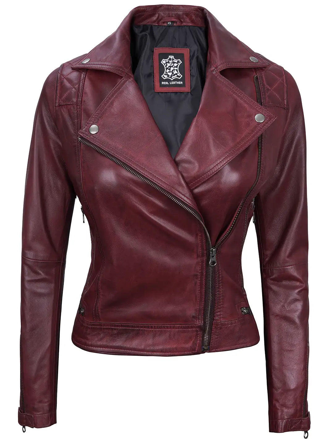 Kimberley Women's Asymmetrical Burgundy Quilted Biker Style Leather Jacket Kimberley Women's Asymmetrical Burgundy Quilted Biker Style Leather Jacket product image