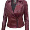 Kimberley Women's Asymmetrical Burgundy Quilted Biker Style Leather Jacket product image