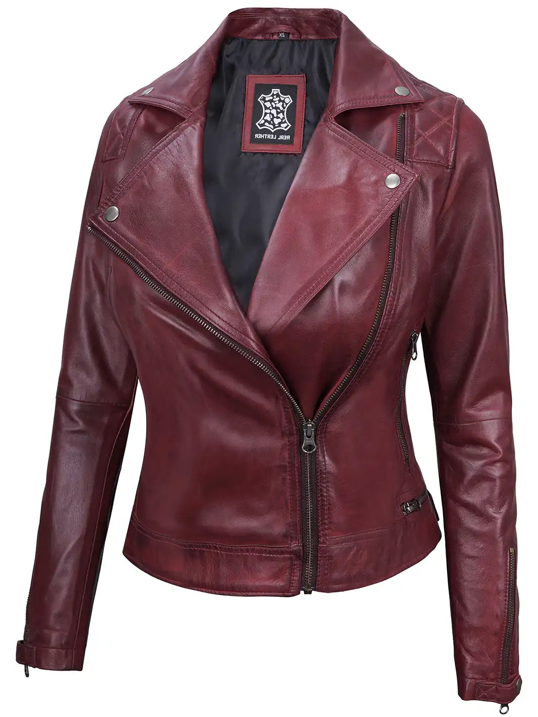 Kimberley Women's Asymmetrical Burgundy Quilted Biker Style Leather Jacket Kimberley Women's Asymmetrical Burgundy Quilted Biker Style Leather Jacket product image