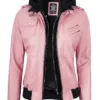 Women's Pink Leather Jacket with Removable Hood product image