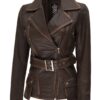 Women's Distressed Brown Asymmetrical Leather Biker Jacket product image