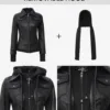 Tall Women's Black Biker Style Leather Jacket with Removable Hood product image
