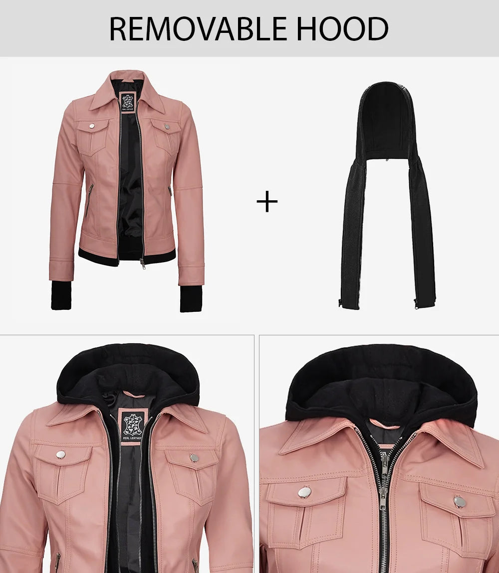 Tralee Women's Pink Leather Biker Style Jacket with Hood Tralee Women's Pink Leather Biker Style Jacket with Hood product image