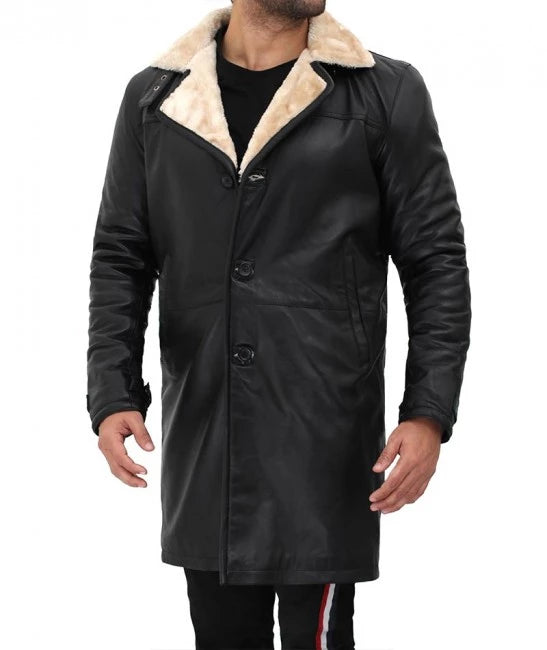 Men Beige Black Leather Shearling Coat Men Beige Black Leather Shearling Coat product image