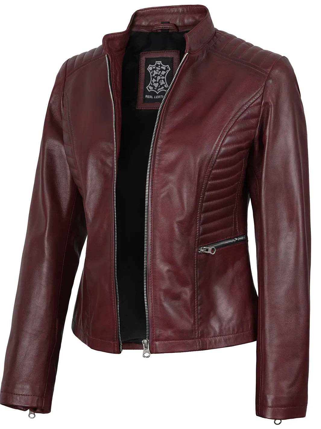 Women's Burgundy Cafe Racer Leather Jacket Women's Burgundy Cafe Racer Leather Jacket product image