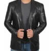 Men's Notch Lapel Two Button Black Leather Blazer product image