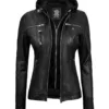 Women's Tall Black Leather Jacket With Removable Hood Women's Tall Black Leather Jacket With Removable Hood product image