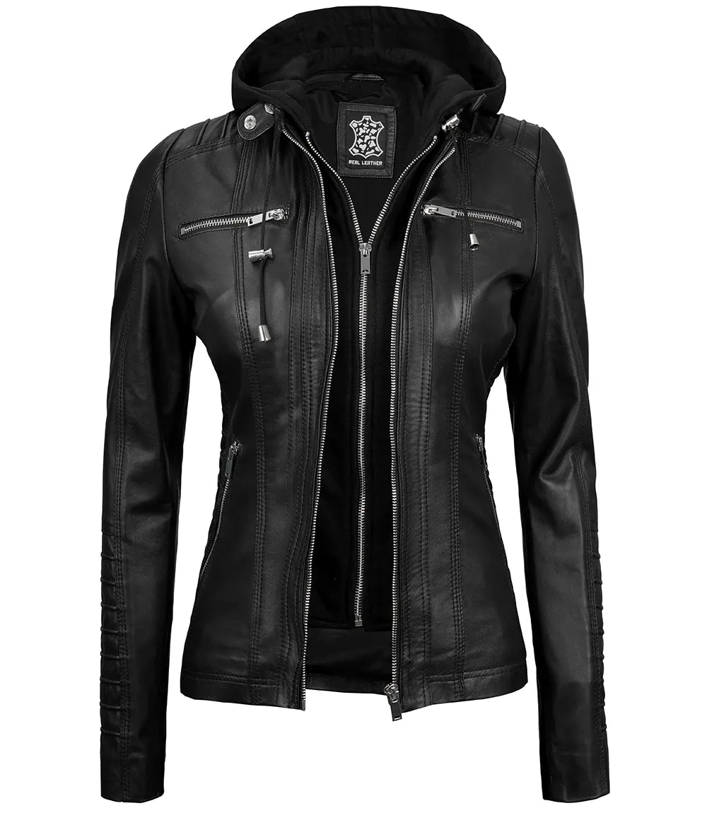 Women's Tall Black Leather Jacket With Removable Hood Women's Tall Black Leather Jacket With Removable Hood product image