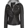 Womens Black Leather Biker Jacket With Removable Hood product image