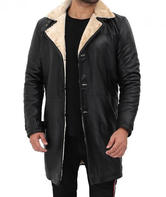 Men Beige Black Leather Shearling Coat Men Beige Black Leather Shearling Coat product image