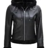 Womens Black Leather Hooded Shearling Jacket product image