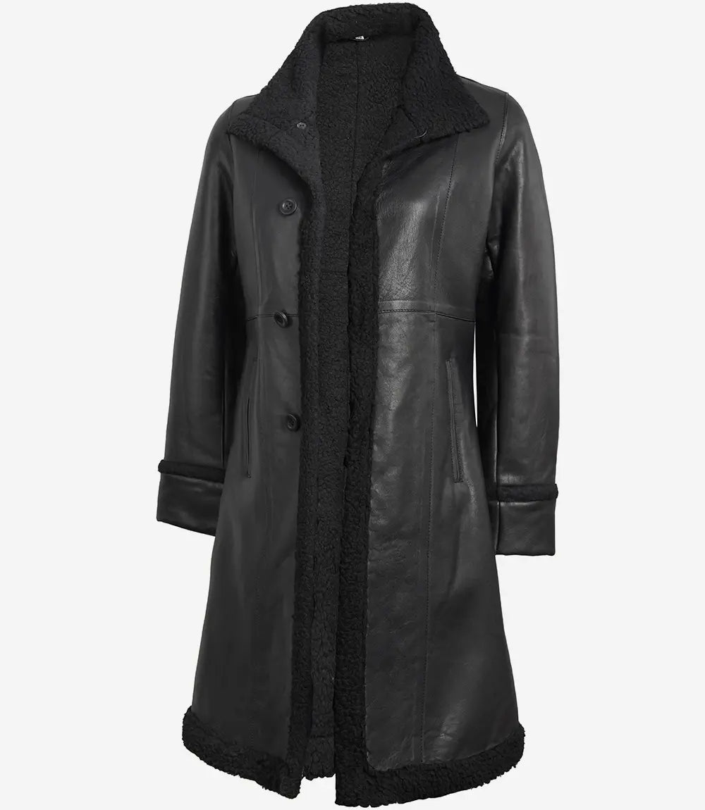 Maura Womens Real Leather Black Shearling Long Coat Maura Womens Real Leather Black Shearling Long Coat product image