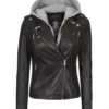 Womens Black Leather Biker Jacket With Removable Hood product image