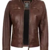 Johnson Women's Cognac Brown Cafe Racer Leather Jacket product image