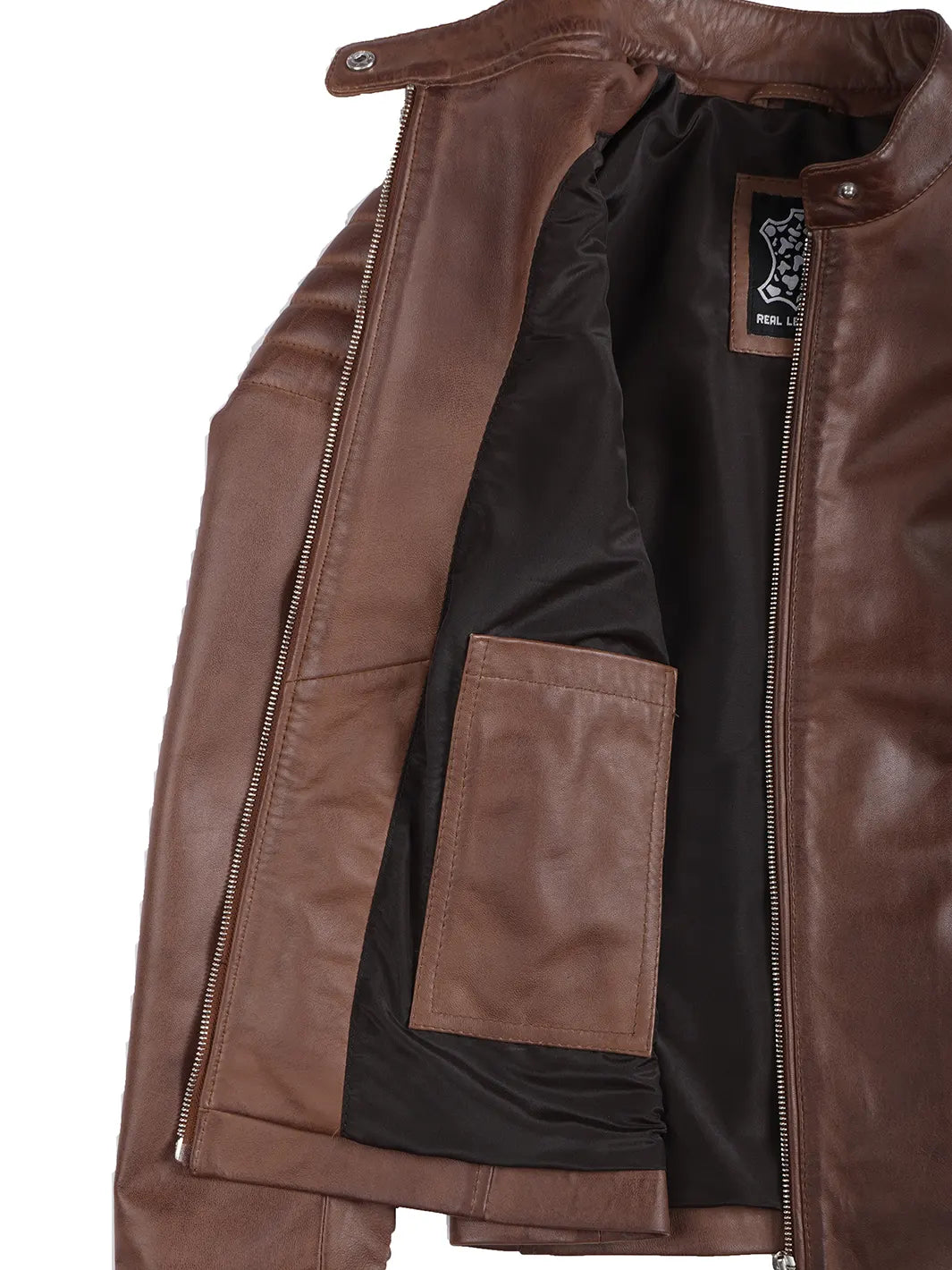 Womens Cognac Brown Cafe Racer Leather Jacket - Padded Shoulders Womens Cognac Brown Cafe Racer Leather Jacket - Padded Shoulders product image