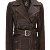 Women's Distressed Brown Asymmetrical Leather Biker Jacket product image
