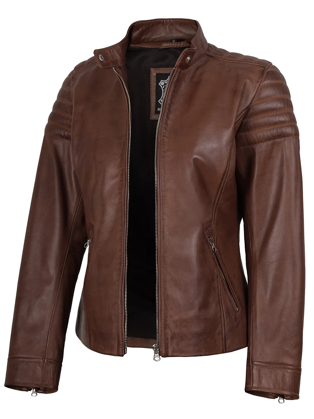 Womens Cognac Brown Cafe Racer Leather Jacket - Padded Shoulders Womens Cognac Brown Cafe Racer Leather Jacket - Padded Shoulders product image