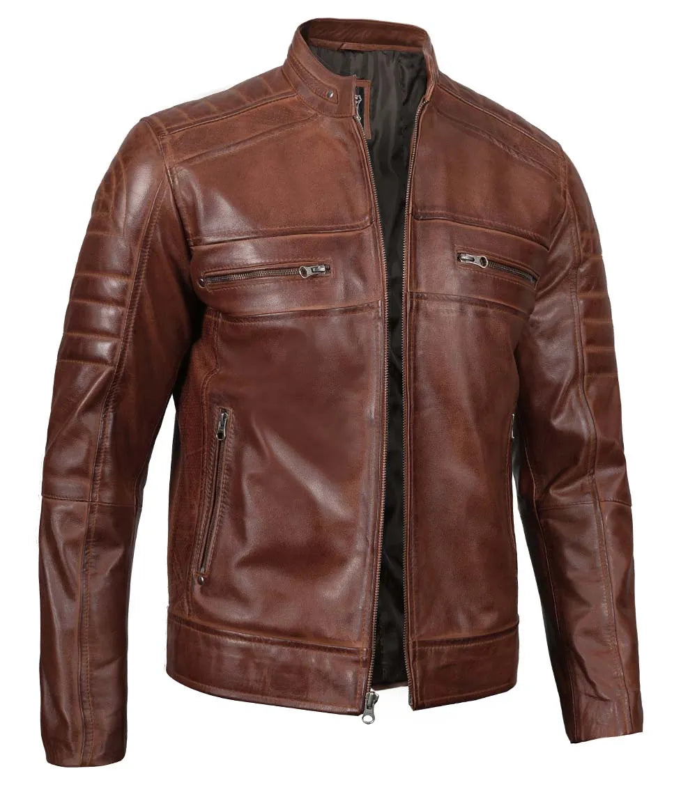 Tall Men's Cognac Brown Distressed Leather Cafe Racer Jacket Tall Men's Cognac Brown Distressed Leather Cafe Racer Jacket product image