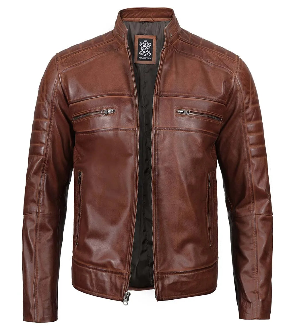 Tall Men's Cognac Brown Distressed Leather Cafe Racer Jacket Tall Men's Cognac Brown Distressed Leather Cafe Racer Jacket product image