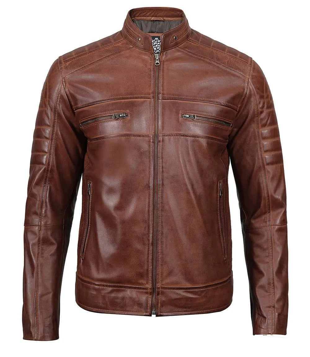 Tall Men's Cognac Brown Distressed Leather Cafe Racer Jacket Tall Men's Cognac Brown Distressed Leather Cafe Racer Jacket product image