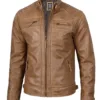 Tall Men's Distressed Camel Brown Cafe Racer Leather Jacket Tall Men's Distressed Camel Brown Cafe Racer Leather Jacket product image