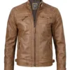 Tall Men's Distressed Camel Brown Cafe Racer Leather Jacket Tall Men's Distressed Camel Brown Cafe Racer Leather Jacket product image
