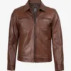 Men's Cognac Brown Leather Shirt Collar Jacket product image