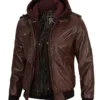 Tall Mens Bomber Dark Brown Removable Hooded Leather Jacket product image