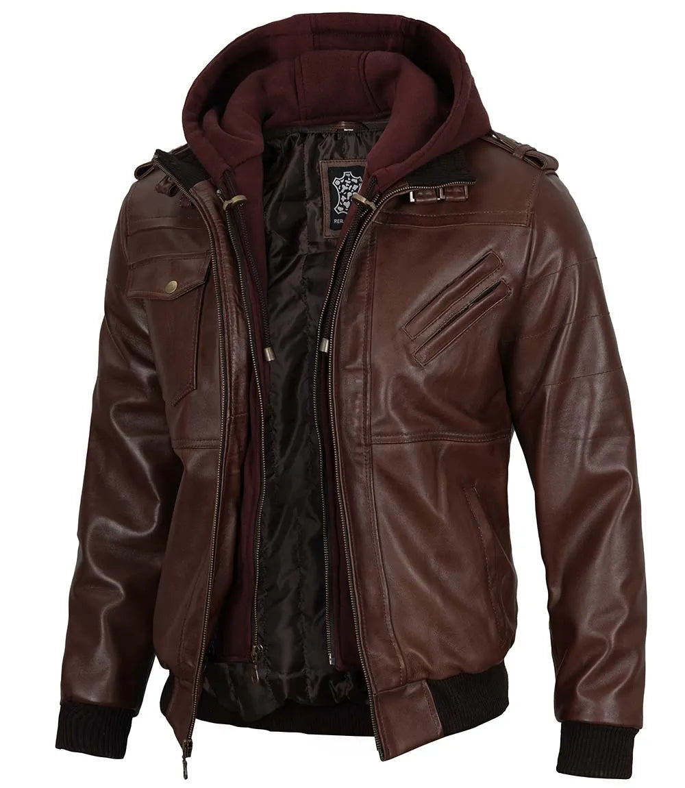 Tall Mens Bomber Dark Brown Removable Hooded Leather Jacket Tall Mens Bomber Dark Brown Removable Hooded Leather Jacket product image