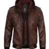 Tall Mens Bomber Dark Brown Removable Hooded Leather Jacket product image