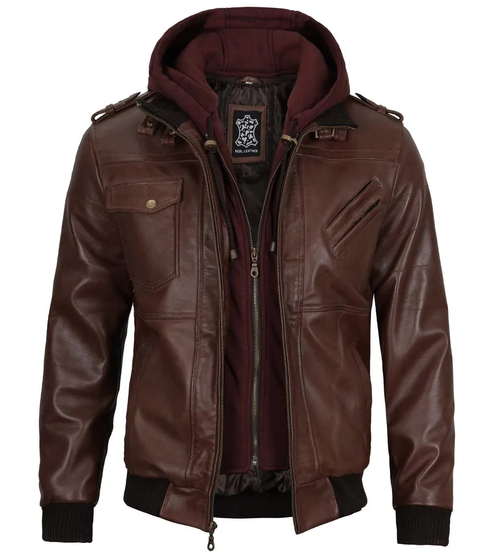 Tall Mens Bomber Dark Brown Removable Hooded Leather Jacket Tall Mens Bomber Dark Brown Removable Hooded Leather Jacket product image
