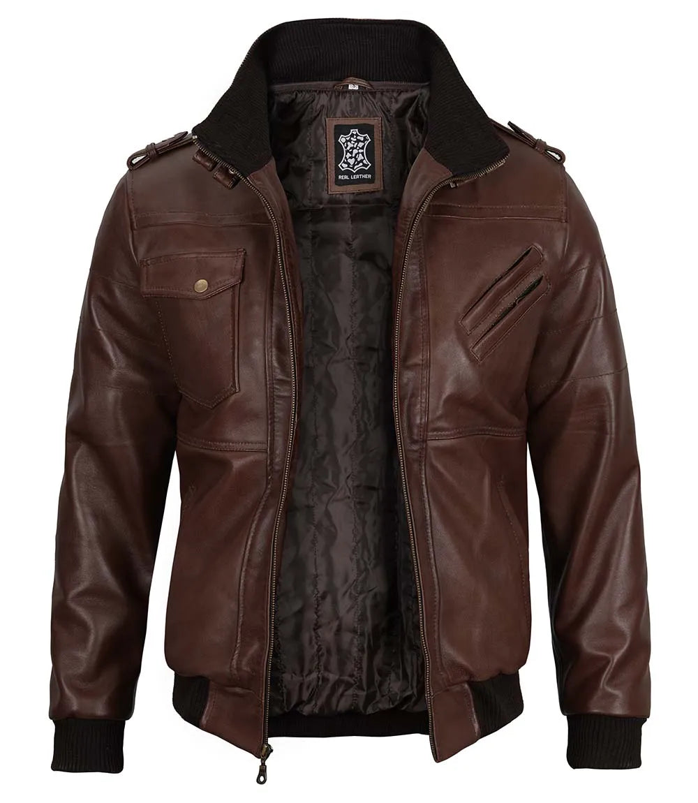 Tall Mens Bomber Dark Brown Removable Hooded Leather Jacket Tall Mens Bomber Dark Brown Removable Hooded Leather Jacket product image