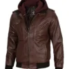 Tall Mens Bomber Dark Brown Removable Hooded Leather Jacket product image