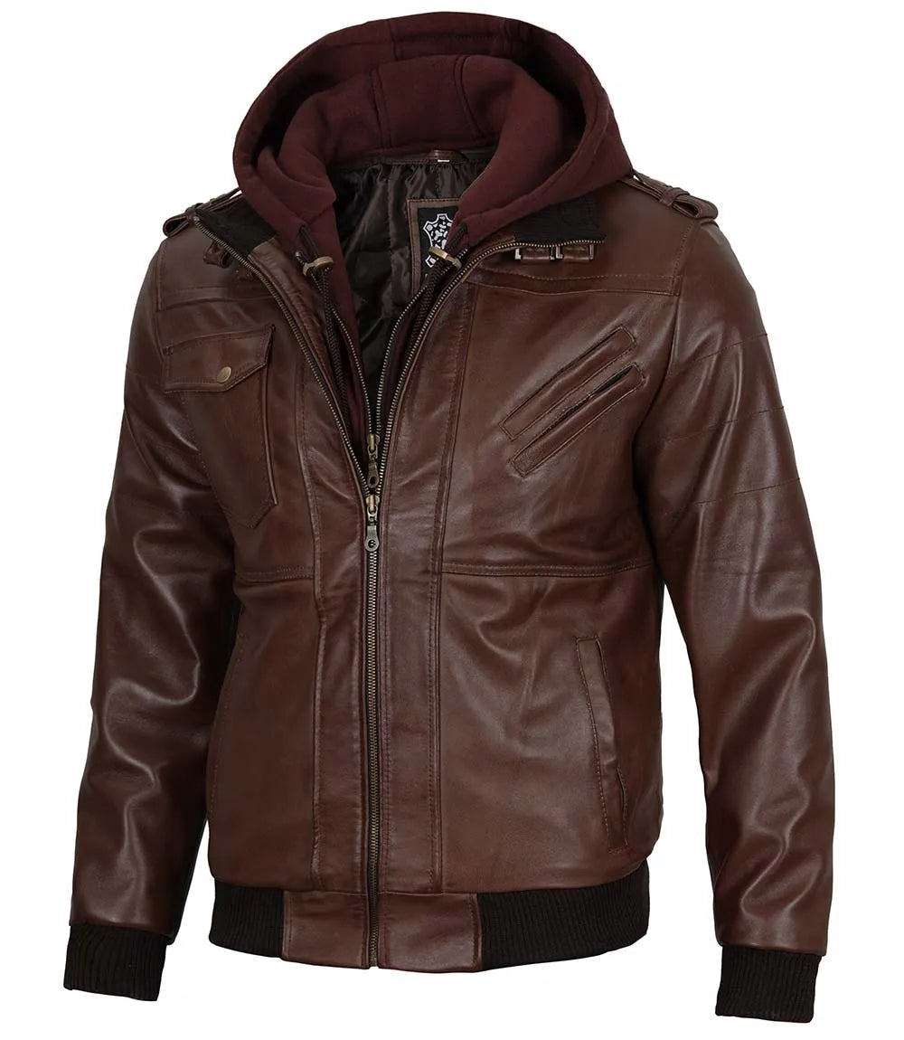 Tall Mens Bomber Dark Brown Removable Hooded Leather Jacket Tall Mens Bomber Dark Brown Removable Hooded Leather Jacket product image