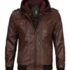 Tall Mens Bomber Dark Brown Removable Hooded Leather Jacket product image