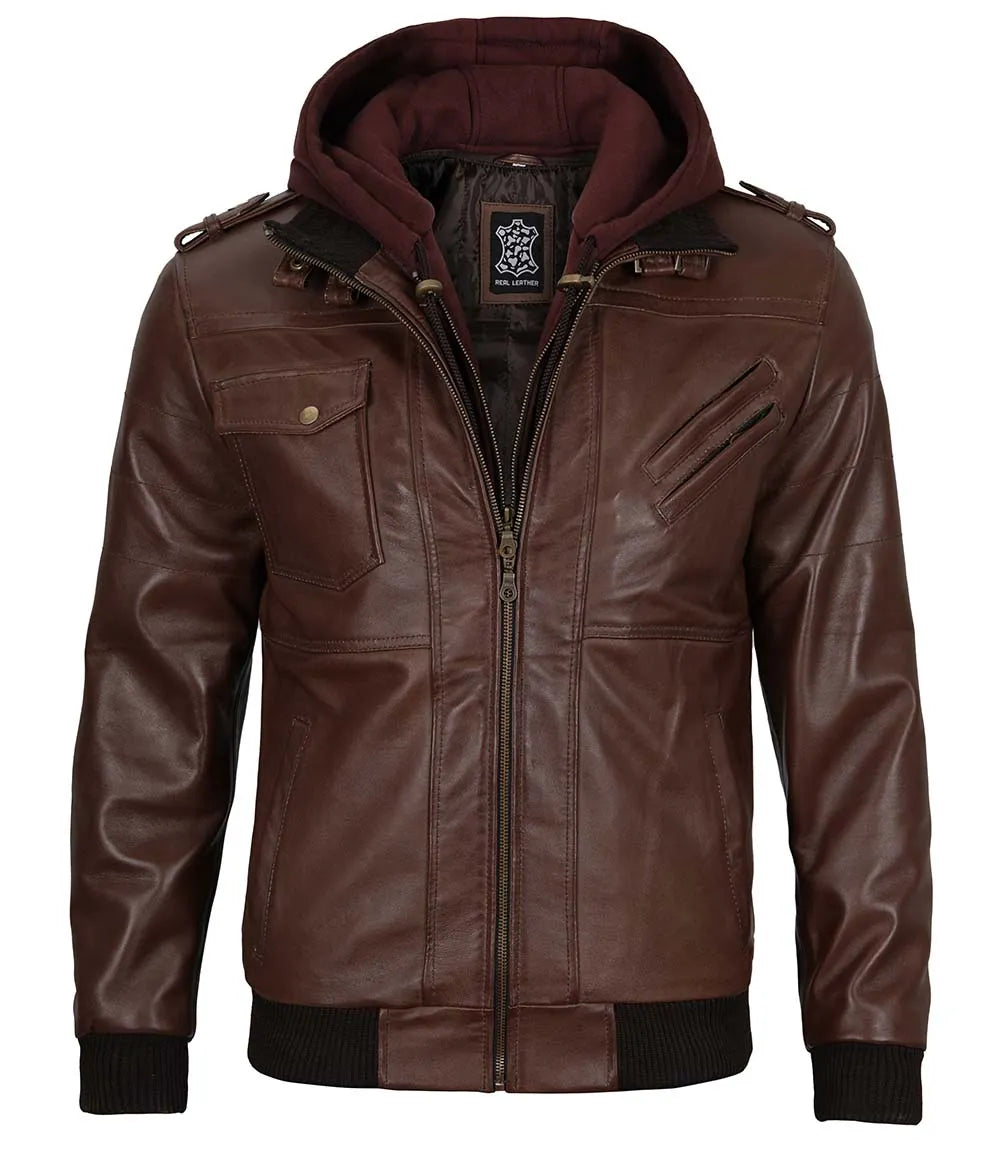 Tall Mens Bomber Dark Brown Removable Hooded Leather Jacket Tall Mens Bomber Dark Brown Removable Hooded Leather Jacket product image