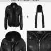 Tall Women's Bomber Black Leather Jacket with Removable Hood product image