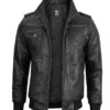 Men's Bomber Dark Grey Leather Jacket with Removable Hood product image