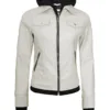 Womens Off White Biker Style Leather Jacket with Hood Womens Off White Biker Style Leather Jacket with Hood product image
