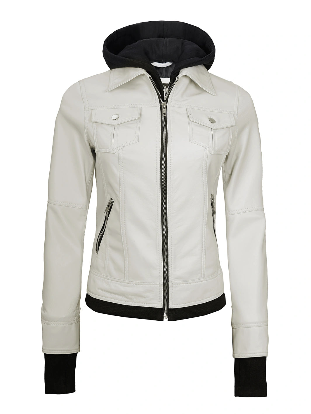 Womens Off White Biker Style Leather Jacket with Hood Womens Off White Biker Style Leather Jacket with Hood product image