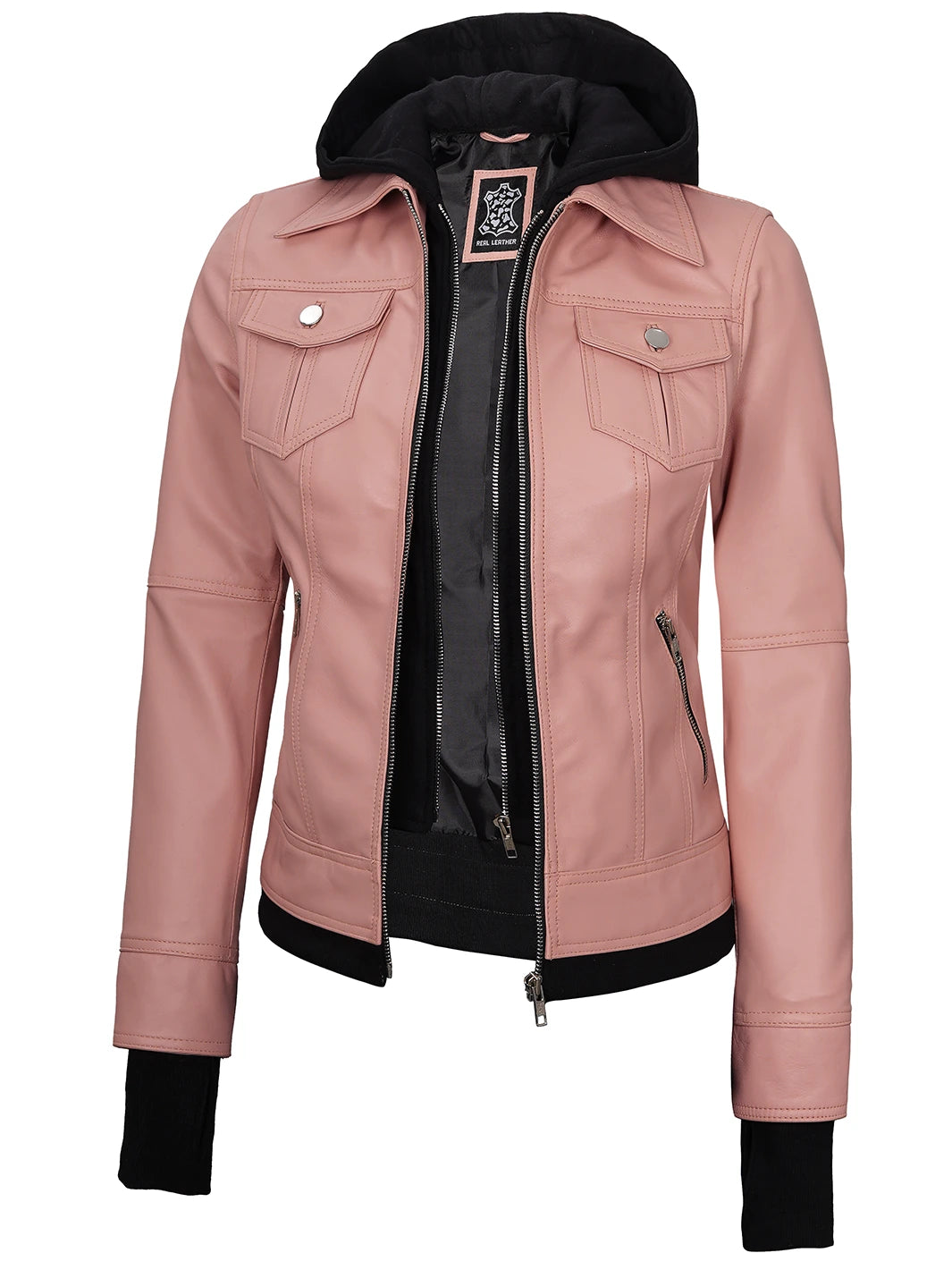 Tralee Women's Pink Leather Biker Style Jacket with Hood Tralee Women's Pink Leather Biker Style Jacket with Hood product image
