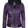 Women's Purple Real Leather Jacket with Removable Hood product image