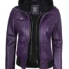 Women's Purple Real Leather Jacket with Removable Hood product image
