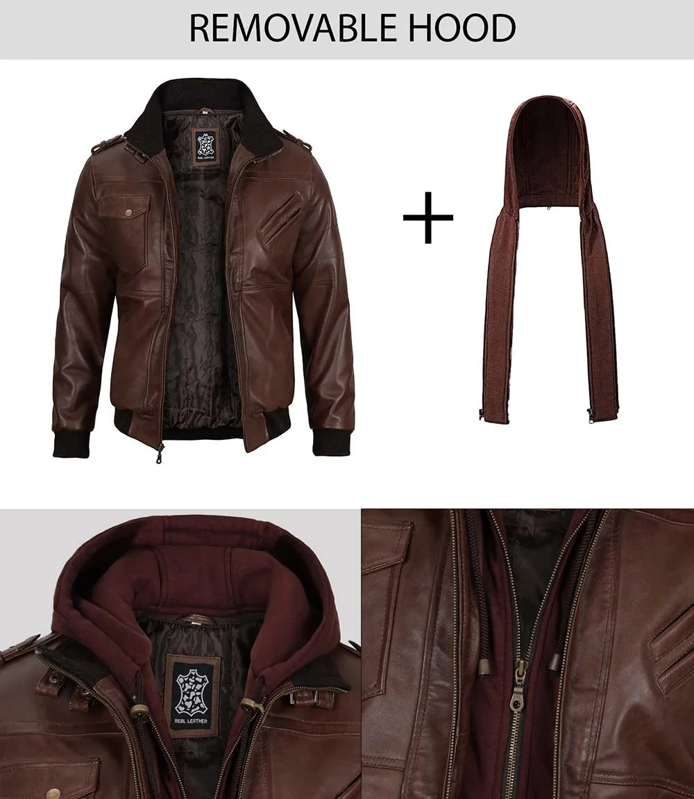 Edinburgh Men's Dark Brown Leather Bomber Jacket With Removable Hood Edinburgh Men's Dark Brown Leather Bomber Jacket With Removable Hood product image