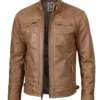 Tall Men's Distressed Camel Brown Cafe Racer Leather Jacket product image