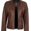 Womens Cognac Brown Cafe Racer Leather Jacket - Padded Shoulders Womens Cognac Brown Cafe Racer Leather Jacket - Padded Shoulders product image