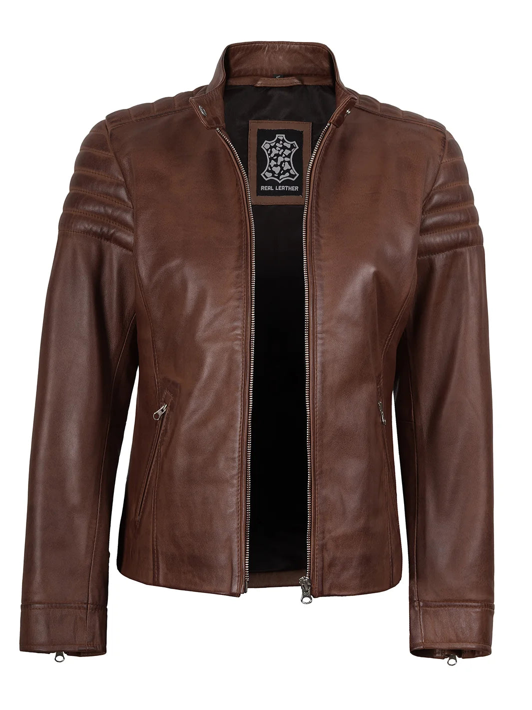 Womens Cognac Brown Cafe Racer Leather Jacket - Padded Shoulders Womens Cognac Brown Cafe Racer Leather Jacket - Padded Shoulders product image