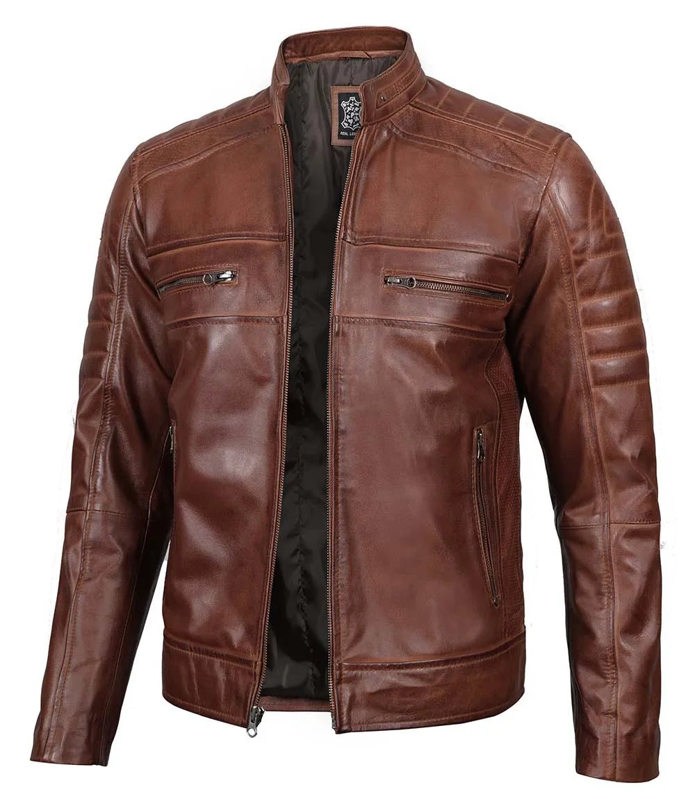 Tall Men's Cognac Brown Distressed Leather Cafe Racer Jacket Tall Men's Cognac Brown Distressed Leather Cafe Racer Jacket product image
